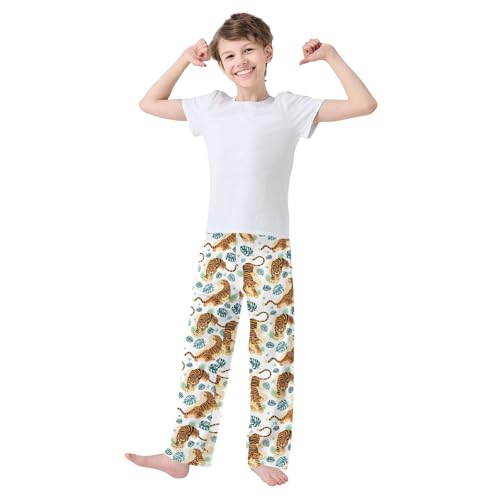 Tropical Tiger Palm Tree Boys Long Pants Soft Trousers Elastic Waist Kids Lounge Bottoms with Pockets S-XL2
