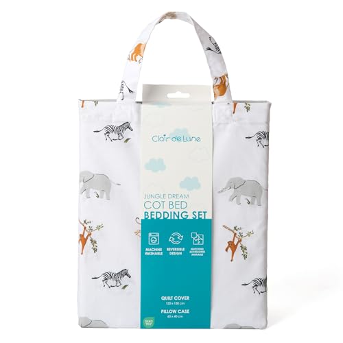 Clair de Lune Jungle Dream Reversible Cot Bed Duvet Cover and Pillowcase Set 120 x 150 cm , White/Grey - Image 2