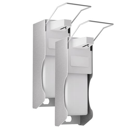 HOUSEHOLD WORLD Distributore europeo con fissaggio a parete e pressione gomito per disinfettanti e saponi – Dispenser di sapone bianco in alluminio, 1000 MLx2