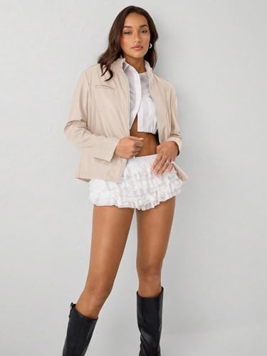 Chic Apricot PU Leather Women's Fall Winter Jacket with Stand Collar - Medium Size, Perfect for Any Occasion! - Image 3