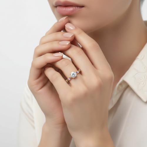 Image of Choose Your Gemstone Petite Pave Diamond CZ Engagement Ring Yellow Gold Plated Round Shape Petite Engagement Rings Minimal Modern Design Birthday Gift Wedding Gift US Size 4 to 12