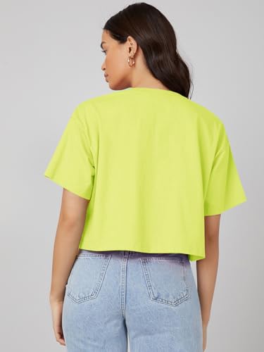 Image of KOTTY Women's Solid Cotton Blend Oversized Crop T-Shirt | Casual Summer Tee