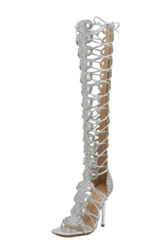 Image of STUPMARY Women Peep Toe Sandals Cut-outs Cross-tied Lace Up High Heeled Gladiator Sandals Zipper Over The Knee Bootie Summer