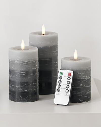 Stmarry Distressed Gradient Gray Flameless Candles with Remote and Timer Real Wax Made LED Pillar Candles Battery Operated with 3D Flickering Flame - 3 x 4 5 6 - Set of 3