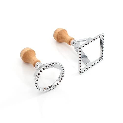 THW® Ravioli Maker Cutter Stamps Set Round & Square Shape Ravioli Masker - Large Size Aluminum Press with Wooden Handle and Fluted Edge, Set of 2