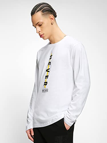 Image of Bewakoof Men's Never Mind Stripe Printed 100% Cotton T-Shirt - Regular Fit, Round Neck, Full Sleeves