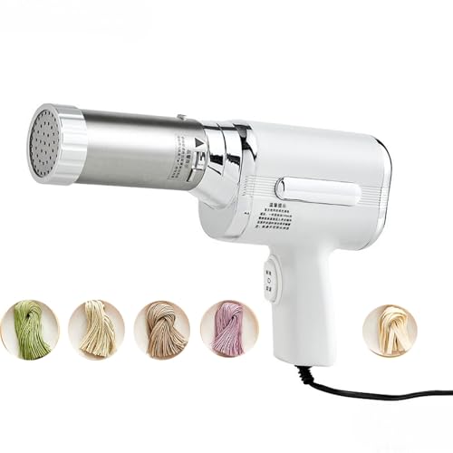 製麺機、電気製麺機、家庭用DIY自動パスタマシン、手持ち式自家製パスタマシン、15秒の素早い出現、5種類の麺型、取り外し可能な手持ち式自家製パスタマシン、シンプル、ポータブル、お手入れ簡単 (ホワイト)