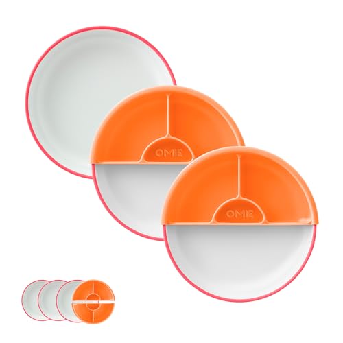 Image of Omie Easy Scoop® Toddler Plate, Made from Plants No Plastic | Curved Design for Independent Self Feeding, Premium Stain Resistant Plate | 3 Plates + 2 Silicone Dividers | Pink