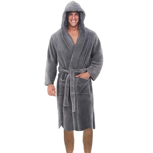 Generisch Albornoz elegante de felpa con capucha para hombre, albornoz de sauna de talla grande, albornoz de invierno con presillas para cinturón y dos bolsillos aplicados, albornoz de viaje, paño de