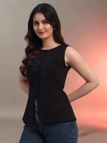 Image of Trend Arrest.ed Stretchable Waistcoat Top for Women | Button Front | Sleeveless Slim Fit Vest for Casual & Workwear