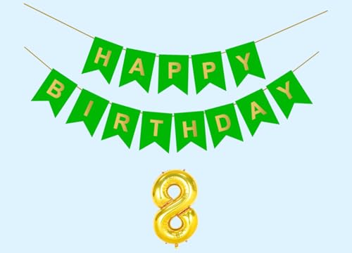 Image of 8th Happy Birthday Decoration Kit Green for 8 year Old Boys Girls Kids with Number Eight Party Decorations Decor Celebration Items Item Set Combo Reusable Paper Banner