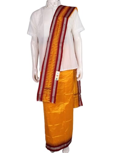Image of Authentic Sambalpuri Handloom Cotton Unstitched Dhoti with Utari for Men | Traditional Odisha Weave Ikat Dhoti for Festive & Religious Wear