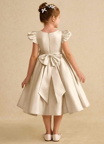 Pageant Princess Beaded Satin Flower Girl Dress Tea-Length Puff Sleeves Junior Bridesmaid Dresses with Bows2