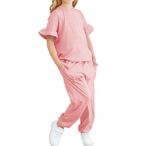 Image of Kids Girls Outfits Ruffle Sleeve T-Shirt Pants Set 2Piece 4-13 Years