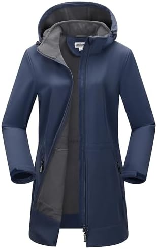 Outdoor Ventures Damen Softshelljacke Wasserdichte Lange Softshellmantel | Fleece Gefütterte Übergangsjacke, Winddichte Windbreaker, 2-Wege Reißverschluss Winterjacke, Regenjacke,