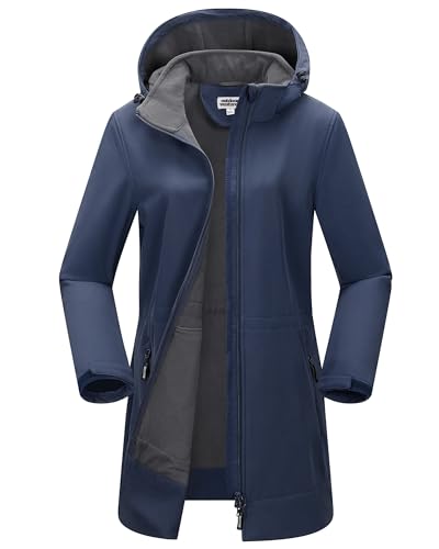 Outdoor Ventures Damen Softshell Lange Jacke mit Kapuze Fleece gefütterte Winddichte Jacke für Frauen Wasserdichte Windjacke Blau M