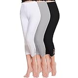 Vertvie Damen 3/4 Länge Leggings mit Spitzenabschluß Hollow mit Strass Casual Modal Caprihose Strumphosen Stretch Pants Einheitsgröße