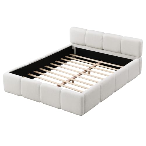 Image of Harper & Bright Designs Queen Size Boucle Platform Bed with Headboard and Footboard, Wood Floor Bed Frame with Sturdy Slats Support for Kids Tenns Adults, Space Saving, White