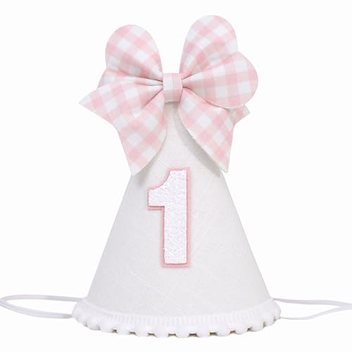 Image of Agkvw Pink Bow 1st Birthday Hat for Girls - Pink and White Theme First Brithday Decorations, Sweet One Theme Party Hat, Baby Girl Bday Decor (1st birthday hat)