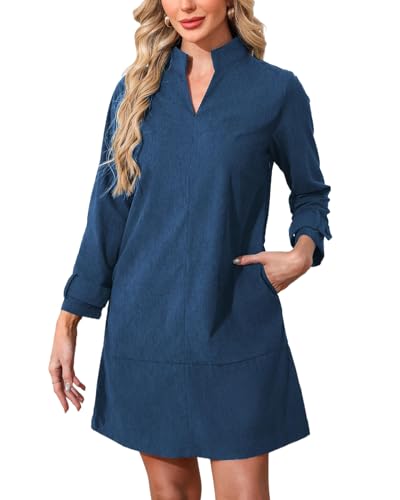 Women's Corduroy Dress Long Sleeve V Neck Stand Collar Casual Vintage Fall Mini Shift Dress with Pocket Blue