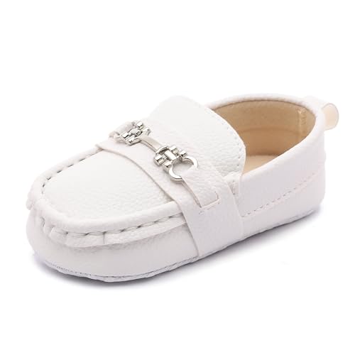 LONSOEN Infant Shoes Boys Loafers Baby Girls Crib Moccasins Classic Synthetic Leather Wedding Dress Shoes,BAY209 White 12-18 Months