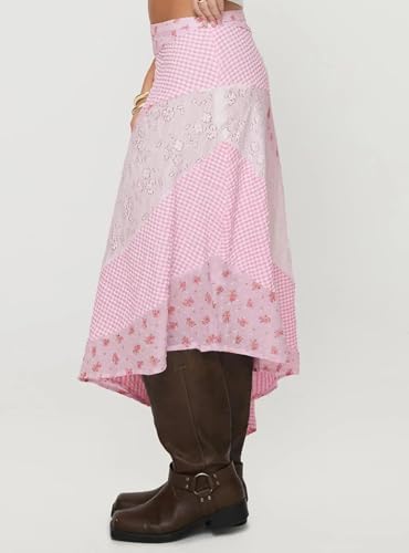 Women Y2K Maxi Skirt Coquette Hight Waist Lace Patchwork Irregular Hem Flowy Midi Skirts Summer Vacation Beachwear2