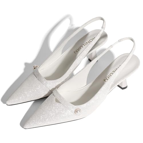 Image of Women Kitten Heels Slingback Low Heel Pumps Dress Shoes for Women Closed Pointed Toe Pearl Heels for Work Wedding Bridal