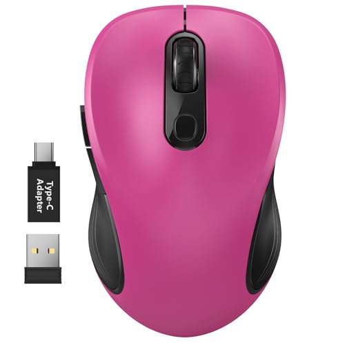 Image of WisFox 2.4G Wireless Mouse for Laptop, Ergonomic Computer Mouse with USB Receiver and Type-C Adapter, 3 Adjustable Levels, 6 Button Cordless Wireless Mice for Windows Mac PC Notebook (Fuchsia)