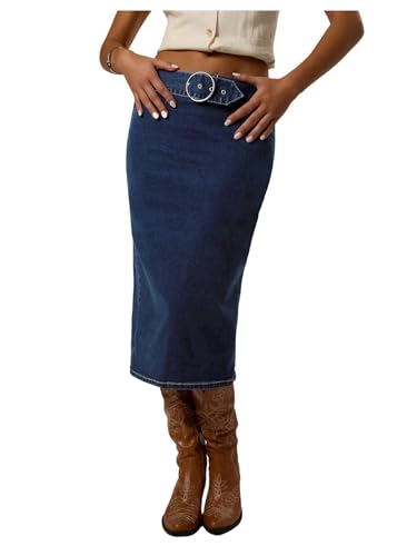 Milumia Women's Grommet Eyelet Low Waisted Bodycon Jean Skirt Slit Hem Stretchy Midi Denim Skirts