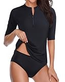 Daci Women Pure Black 2 Piece Rash Guard Short Sleeve Bathing Suit with Bottom Built in Bra Swimsuit UPF 50 M