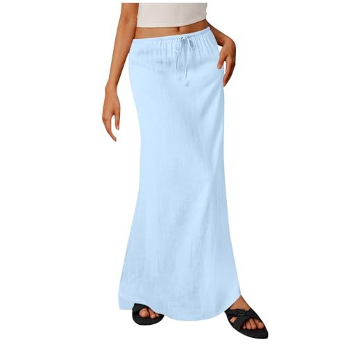 Women's Bohemian Cotton Linen Maxi Skirt Drawstring Summer Cotton Long Wrap Skirts Beach Casual A Line Cover Up