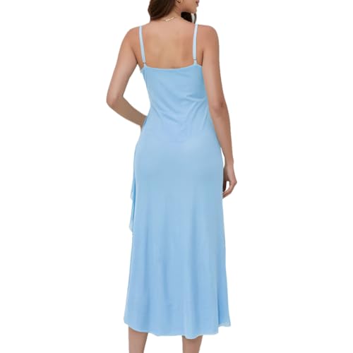 Image of Women's Spaghetti Strap Ruffle Side Split Long Dress Bodycon Beach Maxi Dresses