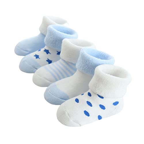 FedMois 5 Paia Calzini Cotone Invernali Termici Neonati Bambini, Cielo blu, 0-6 mesi