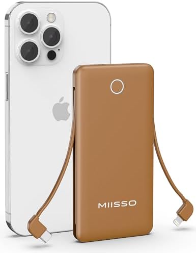 10000mAh Slim Portable Charger with Built in Cable, Power Bank Travel Charger External Battery Pack for Phone, 4 Output USB Type C Cord Clutch Charger Compatible with iPhone, Brown