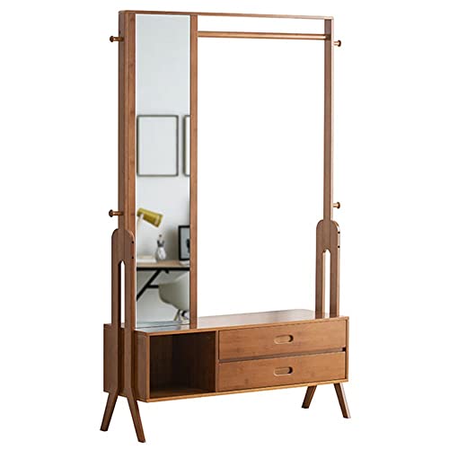 Perchero de bambú resistente con espejo, estante de almacenamiento de 3 niveles y barra para colgar, estante de secado de ropa independiente para entrada y dormitorio, marrón, 103 x 33 x 169,5 cm