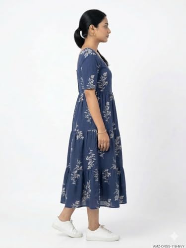 Image of Women's Cotton Floral Leaf Print Tiered Midi Dress - Square Neck, Short Sleeve A-Line Smock Dress for Casual Summer & Vacation Wear