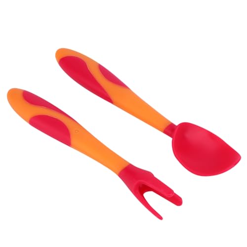 Hohopeti 1 Set Training Tableware of Red Utensils with Curved Spoon Fork for Eating Practice Non Slip Design for Under Years