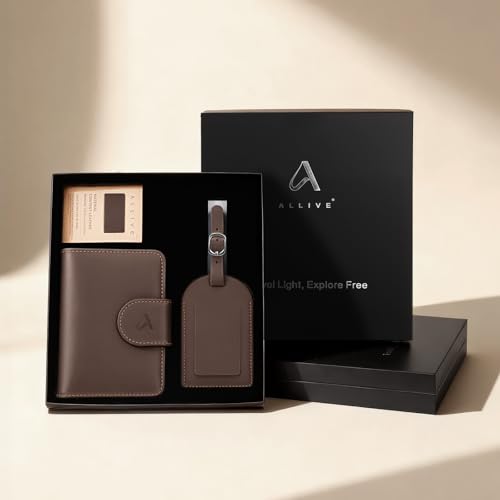 Image of ALLIVE Genuine Leather Passport Holder for Travel with Hidden AirTag Pocket, RFID Blocking Passport Travel Wallet with Luggage Tag & Premium Gift Box, Holiday Gift for Women and Men (Coffee Brown)