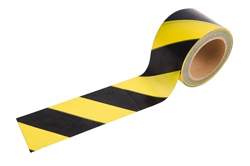 Barracade Striped Caution Tape, Yellow & Black, 75mm x 100m, Heavy-Duty PVC, UV Stabilised & Water-Resistant, High Visibility Barrier for Worksite Safety, Hazard Marker, Indoor & Outdoor Safety
