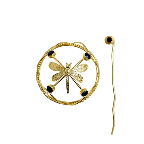 Image of Hair Bun Cage Accessory for Women | Handcrafted Brass Juda Cover with Stick | Anti-Tarnish Traditional Hair Accessory for Wedding & Festive (Dragonfly Blue Crystal Hair Bun (Golden))