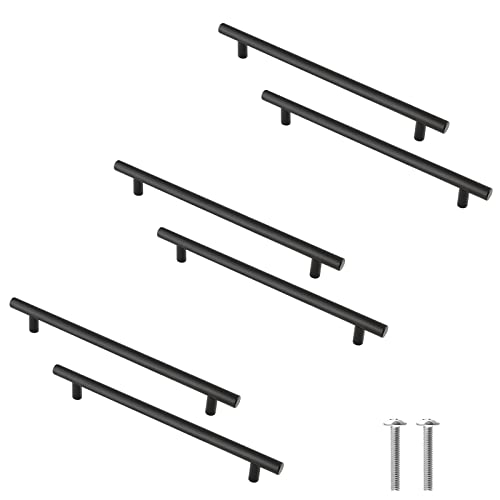 Cjueiom Matt Black Cupboard Handles, 128mm Hole Center T Bar Knobs, 6Pack Stainless Steel Drawer Pulls