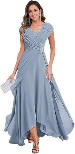Lace Appliques Long Mother of The Bride Dresses for Women Cap Sleeves Formal Dress Hi-Lo V Neck Evening Gowns