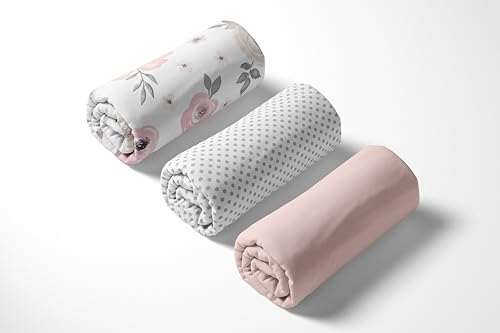 Image of Sweet Jojo Designs 3-Piece Baby Crib Sheets Set (Pink Boho Floral) for Girls, Infant Nursery, Toddler Room - Fitted, Standard Size (Solid Blush, White & Grey Polka Dots & Bohemian, Shabby Chic, Rose)