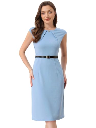 Image of Allegra K Business Dress for Women's Work Elegant 2026 Cap Sleeve Belted Office Sheath Dresses
