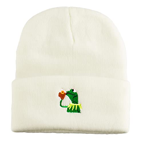 Winter Kermit The Frog Sipping Tea Beanie Warm Comfortable Soft Oversized Thick Cable Knitted Hat Unisex Knit Caps-White Cover