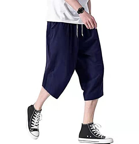 Men s Linen Cotton Cropped Trousers Breathable Summer Beach Shorts 3 4 Pants Loose Fit Wide Leg Baggy Harem Pants (Navy Blue,3X-Large)