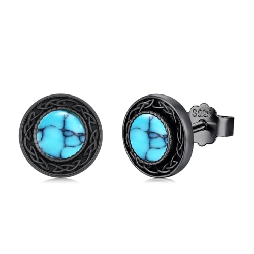 Twoowl Boucles d'oreilles turquoise en argent sterling 925 - Boucles d'oreilles celtiques noires - Bijoux irlandais turquoise - Cadeau pour femme et homme