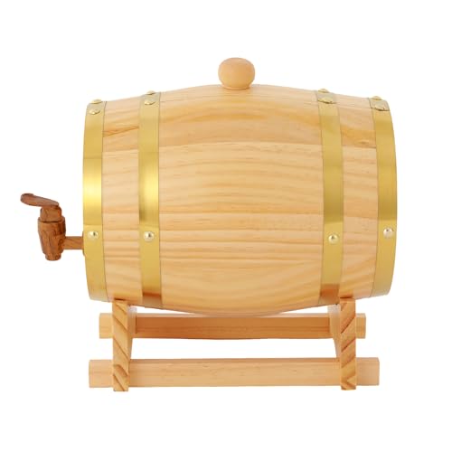 Barril De Vino De Pino 3L, Barril De Fermentación Artesanal Flejado Inox, Estilo Vintage Elipse Pulido, Con Soporte Resistente Y Grifos, Dispensador De Bebidas Para Vinificación Casa, Whisky Y Licores