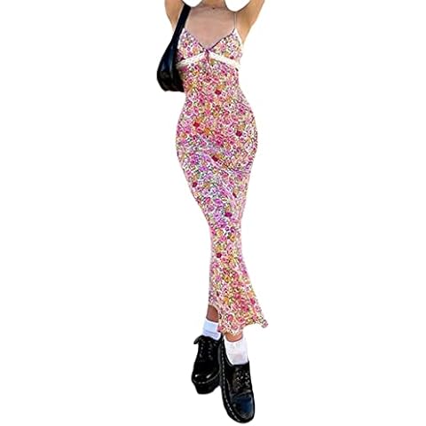 NIKDUCK Sexy Sleeveless Sling Dress for Women,Floral Printed Backless Low Cut Dress Bodycon Mini Picnic Dress for Party Club (#12-Pink, L) Cover