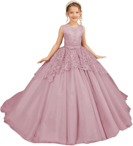 Flower Girl Dress Lace Appliques - Pageant Dresses for Girls First Communion Dress with Bow Bridesmaid Ball Gown